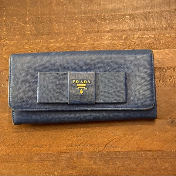 Prada Saffiano Leather Blue Ribbon Gold Long‎ Wallet Guaranteed 100% Authentic - Picture 14 of 15